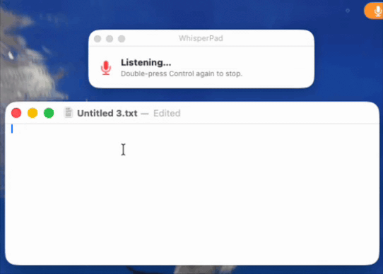 WhisperPad's menu bar window indicator while dictating