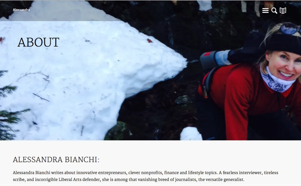 AlessandraBianchi.com about page with a large photo of Alessandra in the snow above her bio