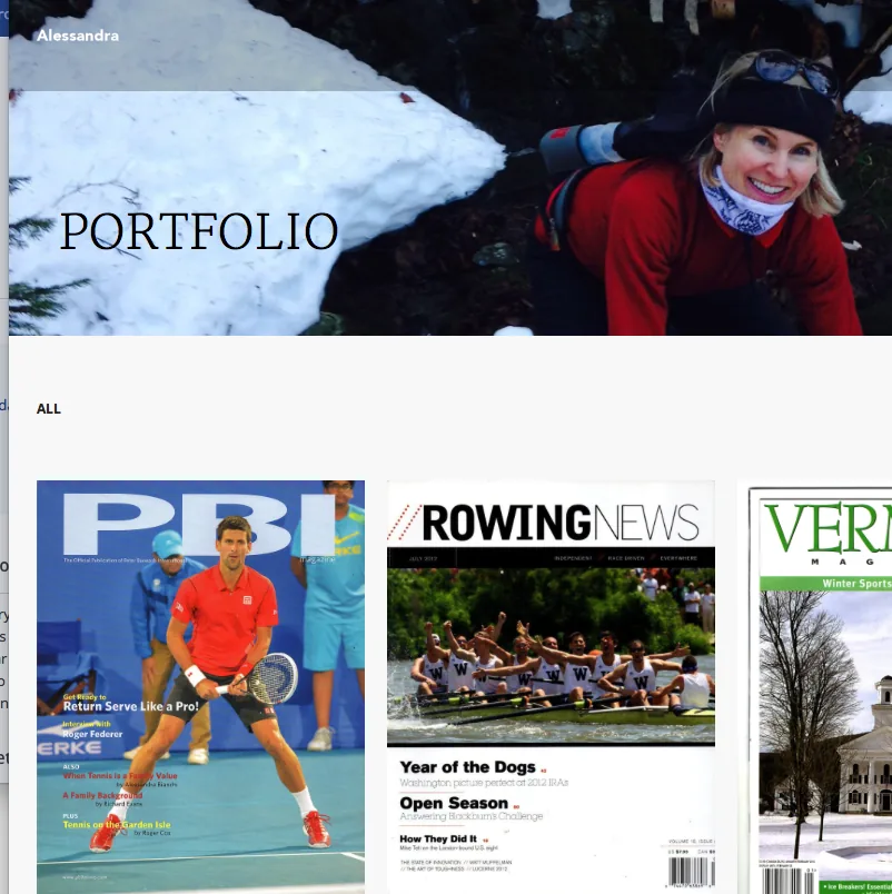 AlessandraBianchi.com portfolio page showing magazine covers of her published features