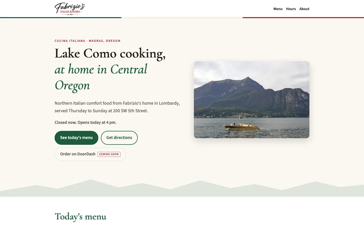 fabriziositaliankitchen.com home page: the Fabrizio's Italian Kitchen logo, the headline "Lake Como cooking, at home in Central Oregon," buttons for today's menu and directions, and a photo of Lake Como