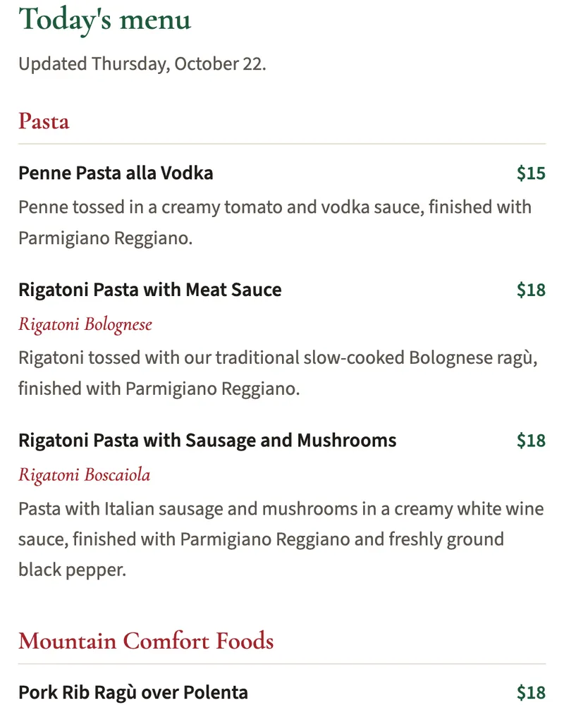 The menu on a phone: Today's menu, updated Thursday, October 22, with Pasta and Mountain Comfort Foods sections, dish names, Italian names, descriptions and prices