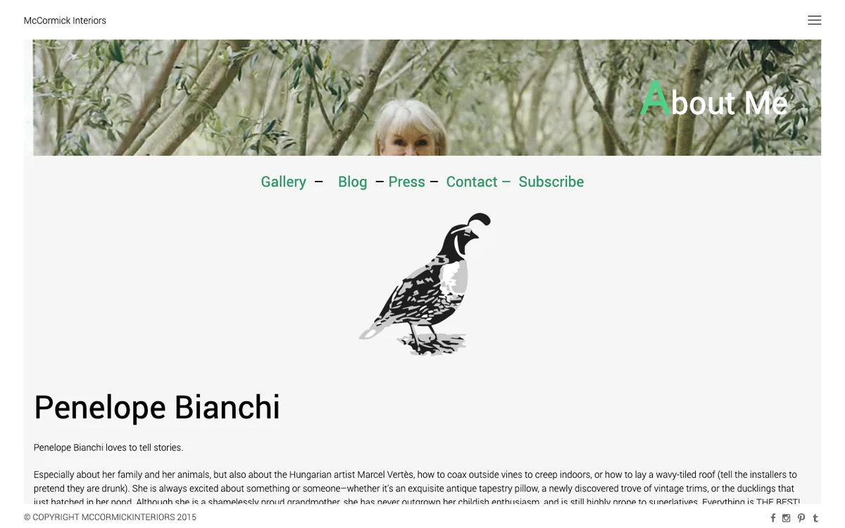 The live McCormick Interiors site in 2015: a photo banner, the Gallery, Blog, Press, Contact, and Subscribe menu, a quail illustration, and the about section