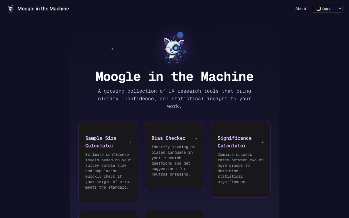 Moogle in the Machine home page: a pixel-art moogle mascot above the title and cards for the Sample Size Calculator, Bias Checker, and Significance Calculator