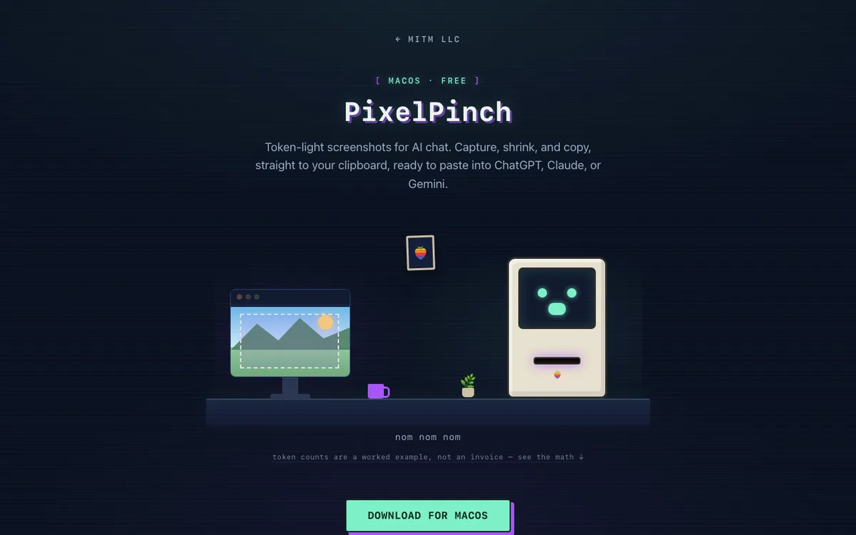 The same PixelPinch scene a few seconds later, with the retro computer mascot chewing and the caption nom nom nom