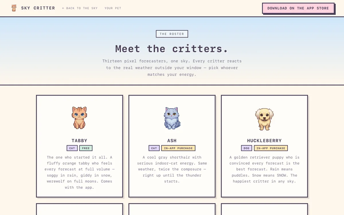 skycritter.app critters page titled "Meet the critters" with cards for Tabby, Ash, and Huckleberry