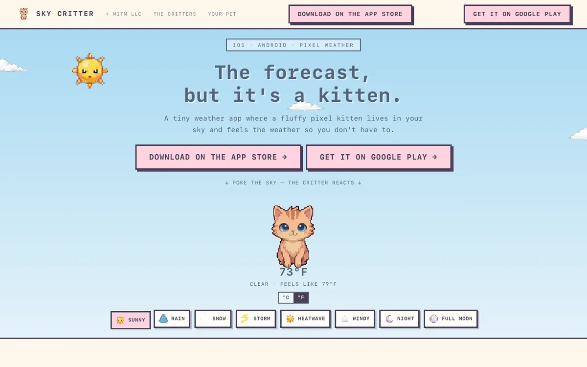 skycritter.app home page with the headline "The forecast, but it's a kitten," a pixel kitten under a sunny sky, and weather buttons for sunny, rain, snow, storm, heatwave, windy, night, and full moon