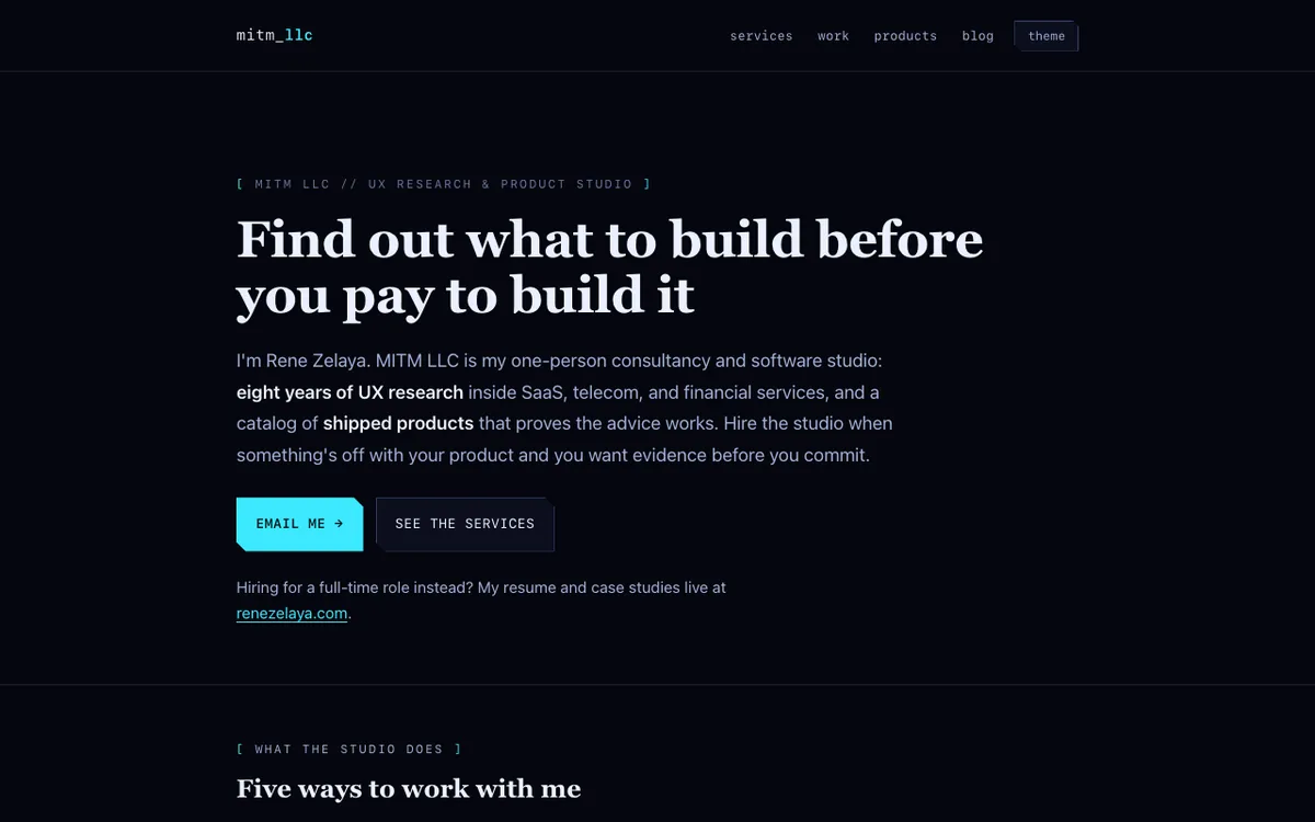 mitmllc.com home page in the calmer client-facing style, headline "Find out what to build before you pay to build it"