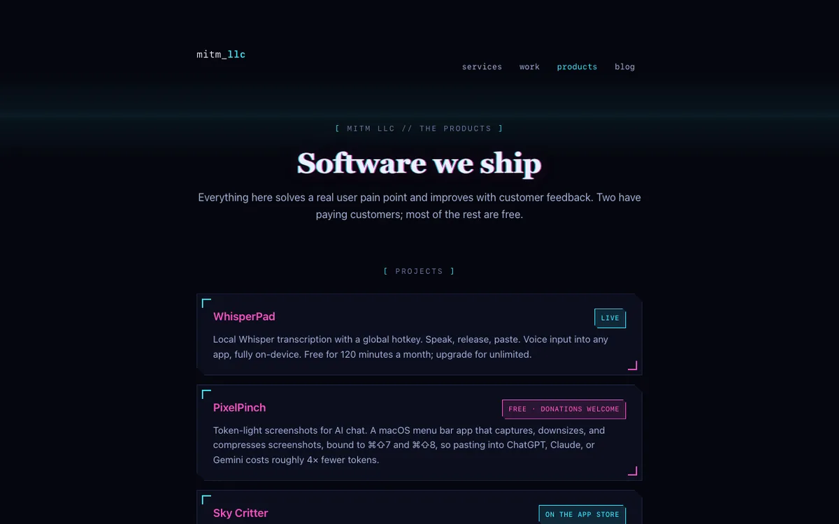 mitmllc.com products page in the full cyberpunk style, headline "Software we ship" above product cards