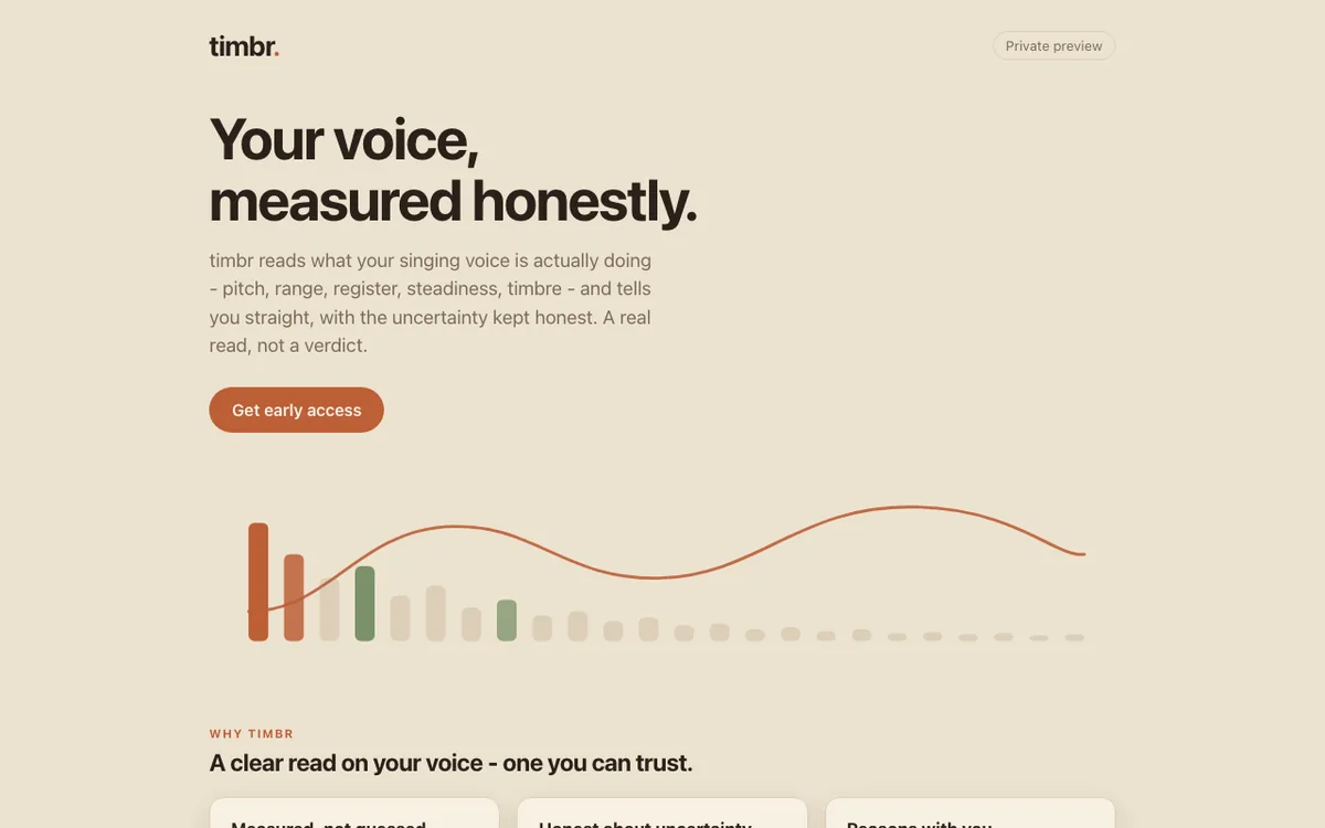 timbr page in warm beige with the headline "Your voice, measured honestly," a terracotta Get early access button, and a drawing of terracotta and sage bars under a curve