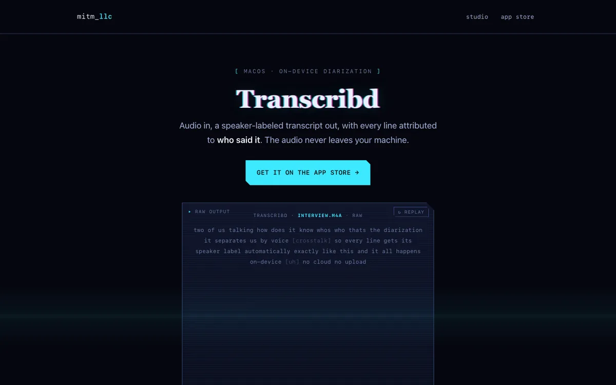 Transcribd hero animation at the raw output step, showing an unlabeled run-on transcript