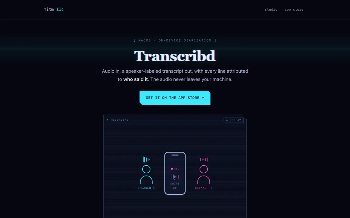 Transcribd page with the hero animation at its recording step: a phone between Speaker 1 and Speaker 2