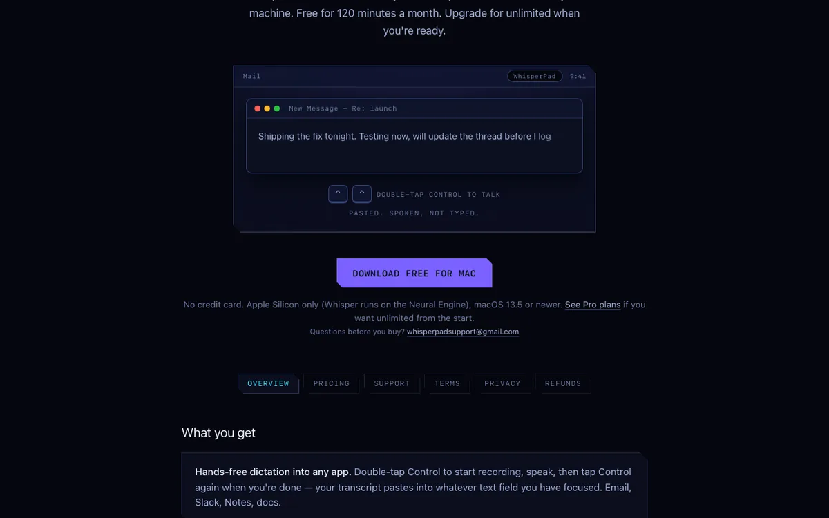 The WhisperPad desktop demo mid-scene, with dictated words typing into a Mail message above the Download free for Mac button