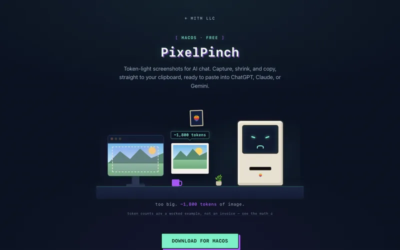 PixelPinch page in its CRT terminal style with the feeding-time mascot
