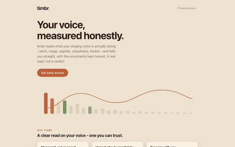 timbr page: your voice, measured honestly, in warm earth tones