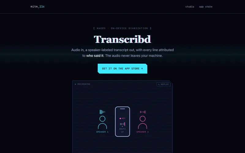 Transcribd marketing page: speaker-labeled transcripts on your machine