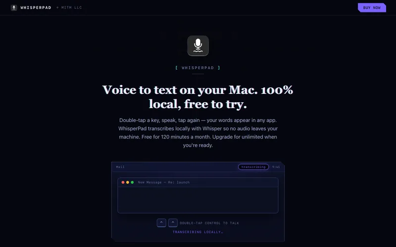 WhisperPad marketing page: voice to text on your Mac, 100% local